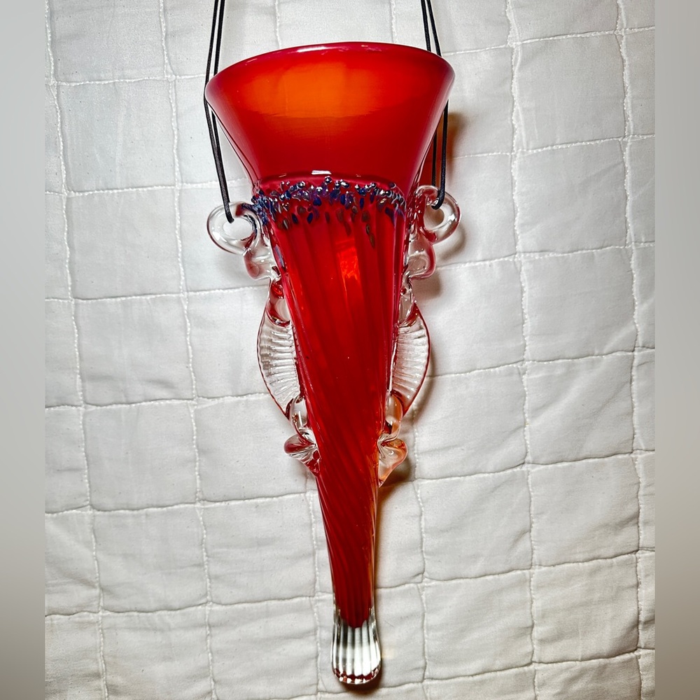 Vintage Red Glass Clear Bottom Large Hanging Vase